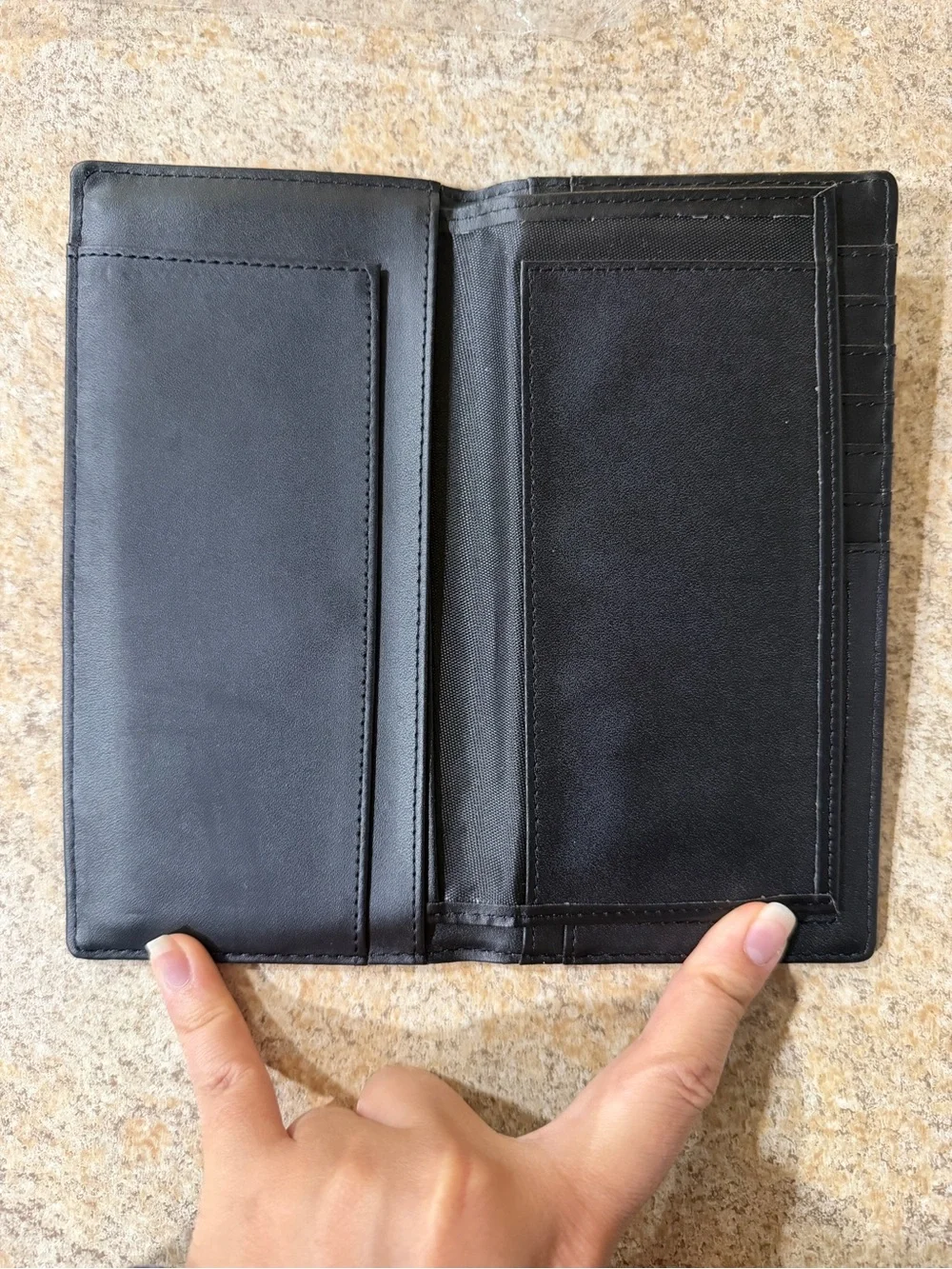 Men's Black Embossed Leather Long Wallet with Metal Emblem